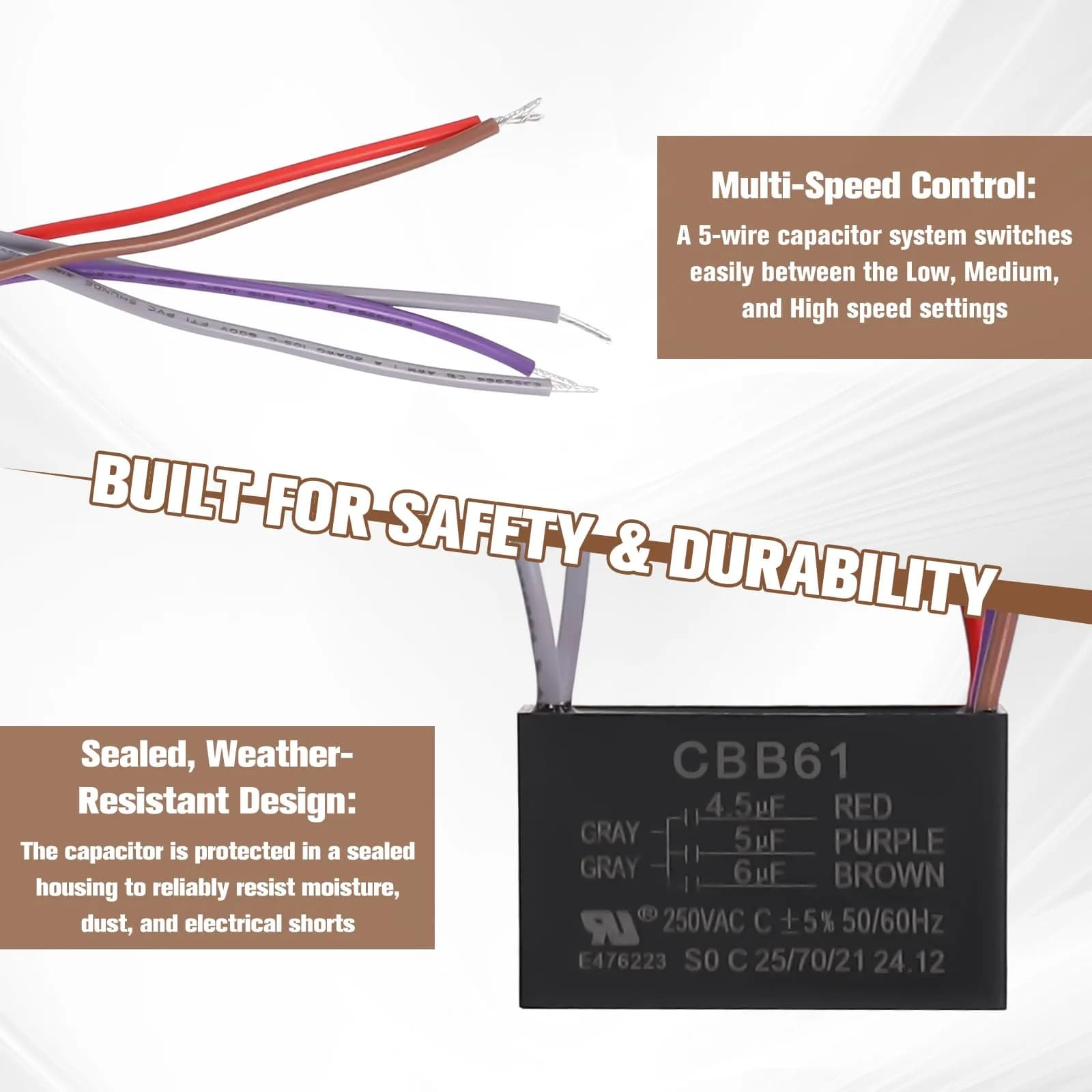 Podoy CBB61 Ceiling Fan Capacitor 4.5uf+5uf+6uf Triple Wire Pack of 2 | 250VAC for Smooth Fan Operation - view 4