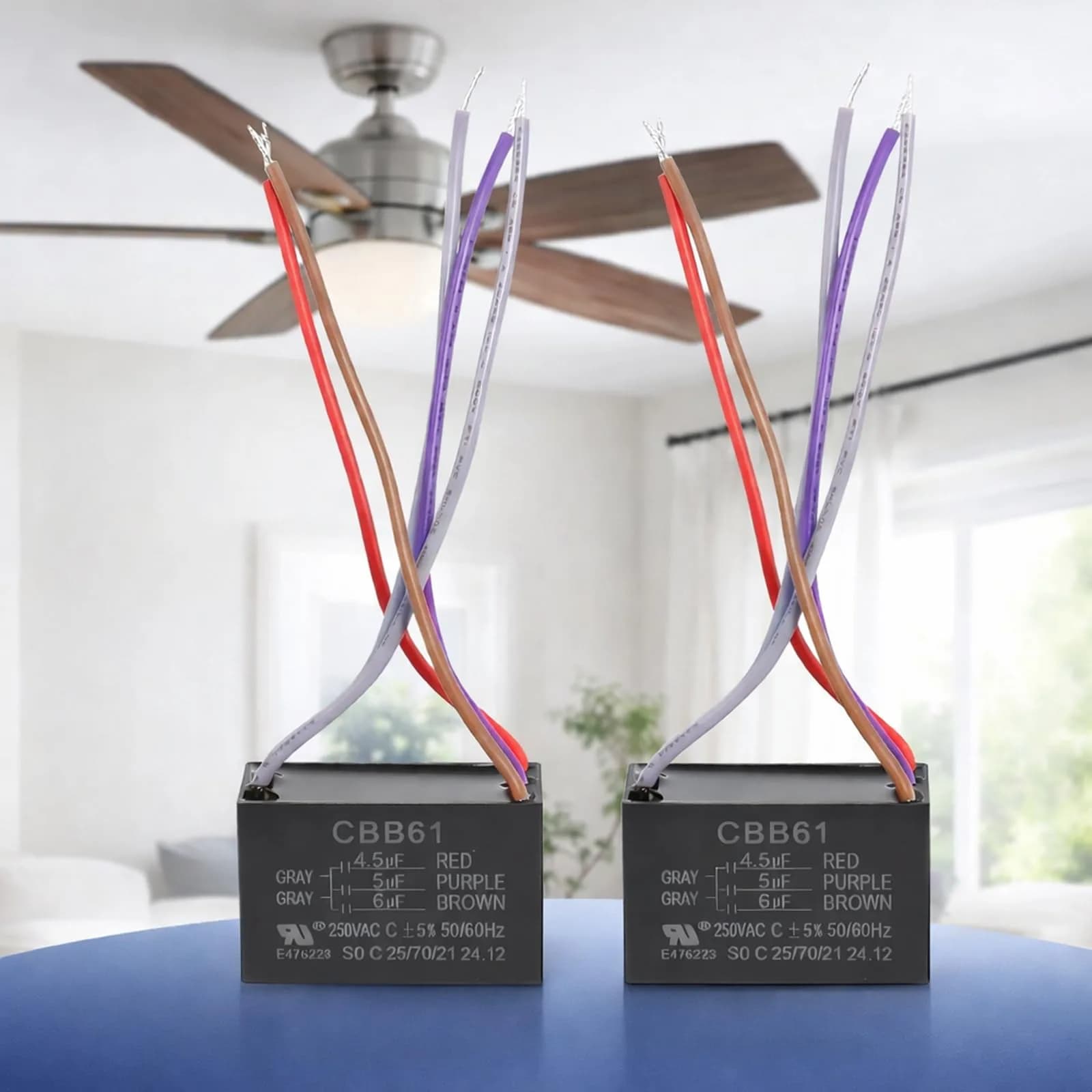 Podoy CBB61 Ceiling Fan Capacitor 1.5uf+3uf Dual Wire Pack of 2 | 250VAC Rated for Smooth Fan Operation — 4.5uf+5uf+6uf