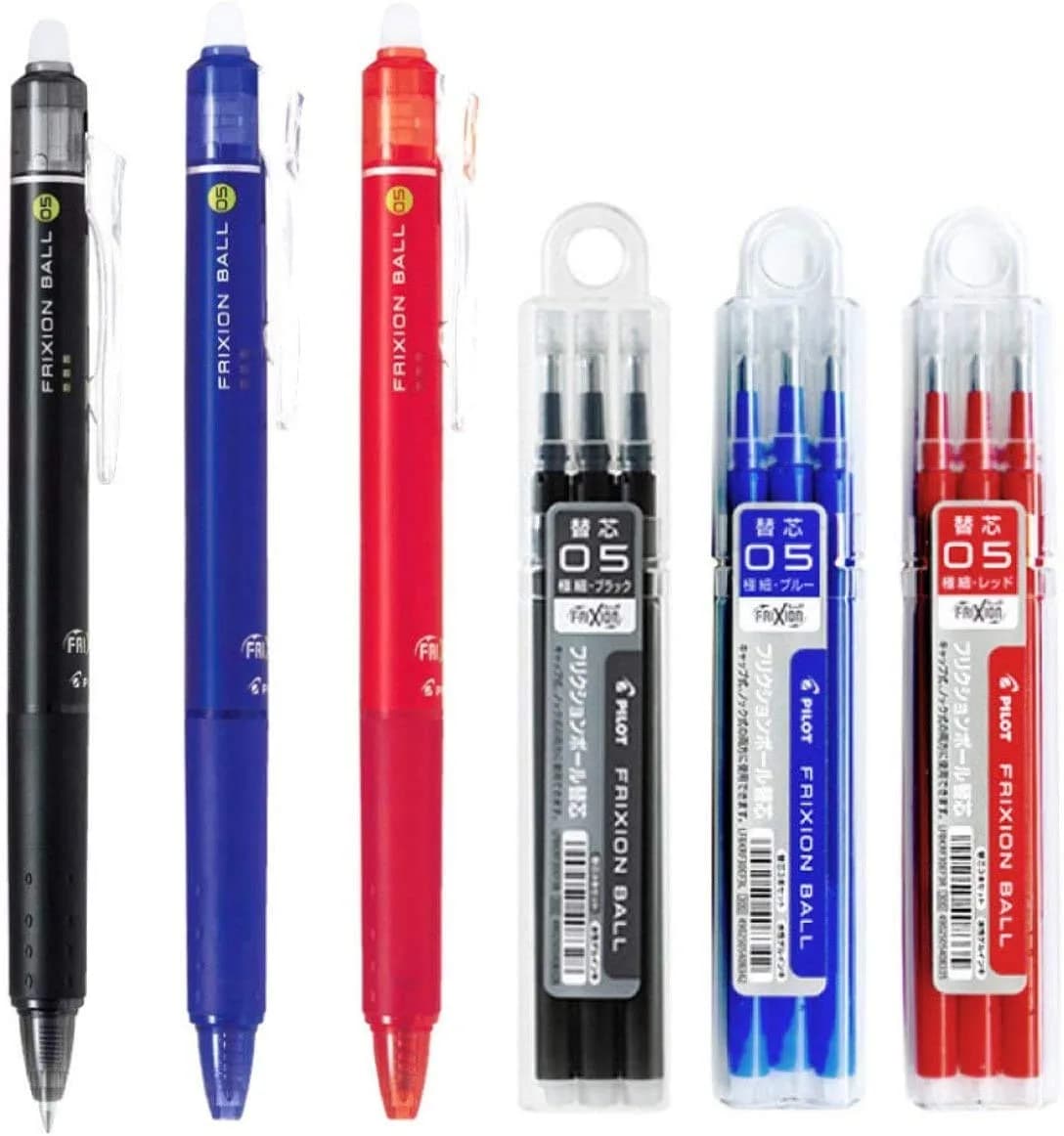 Pilot FriXion Ball Knock Retractable Erasable Gel Ink Pens 0.5mm | Extra Fine Point, 3 Pens & 9 Refills