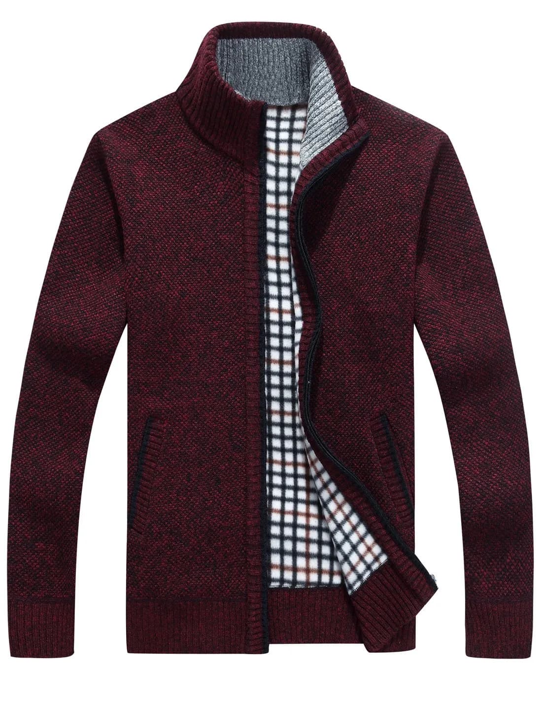 Yeokou Men's Slim Fit Zip Up Casual Knitted Cardigan Sweater with Pockets (Large, Wine Red) | Soft Cashmere Blend for Casual & Business Wear