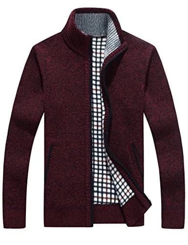 Yeokou Men's Slim Fit Zip Up Casual Knitted Cardigan Sweater with Pockets (Large, Wine Red) | Soft Cashmere Blend for Casual & Business Wear thumbnail 1