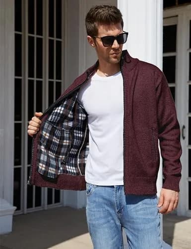 Yeokou Men's Slim Fit Zip Up Casual Knitted Cardigan Sweater with Pockets (Large, Wine Red) | Soft Cashmere Blend for Casual & Business Wear thumbnail 2