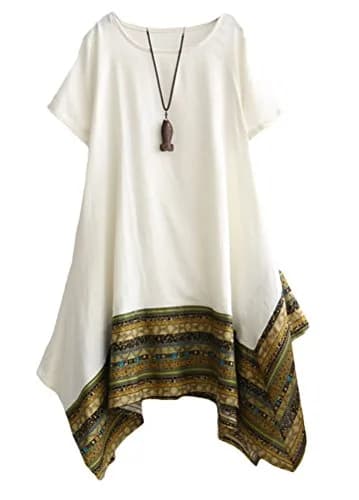 Minibee Women's Ethnic Cotton Linen Short Sleeves Tunic Dress, White, L | Stylish Boho Casual Wear thumbnail 1