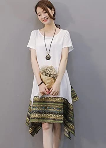 Minibee Women's Ethnic Cotton Linen Short Sleeves Tunic Dress, White, L | Stylish Boho Casual Wear thumbnail 2