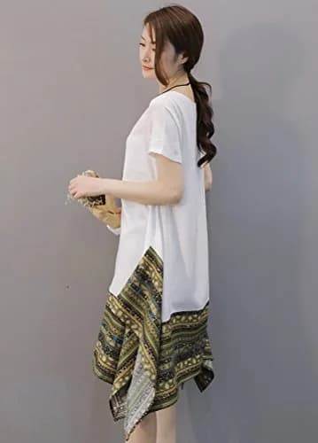 Minibee Women's Ethnic Cotton Linen Short Sleeves Tunic Dress, White, L | Stylish Boho Casual Wear thumbnail 3
