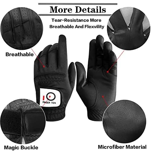 FINGER TEN All Weather Grip Golf Gloves Men 3 Pack (Black, X-Large, Left) | Wet & Dry Performance thumbnail 3