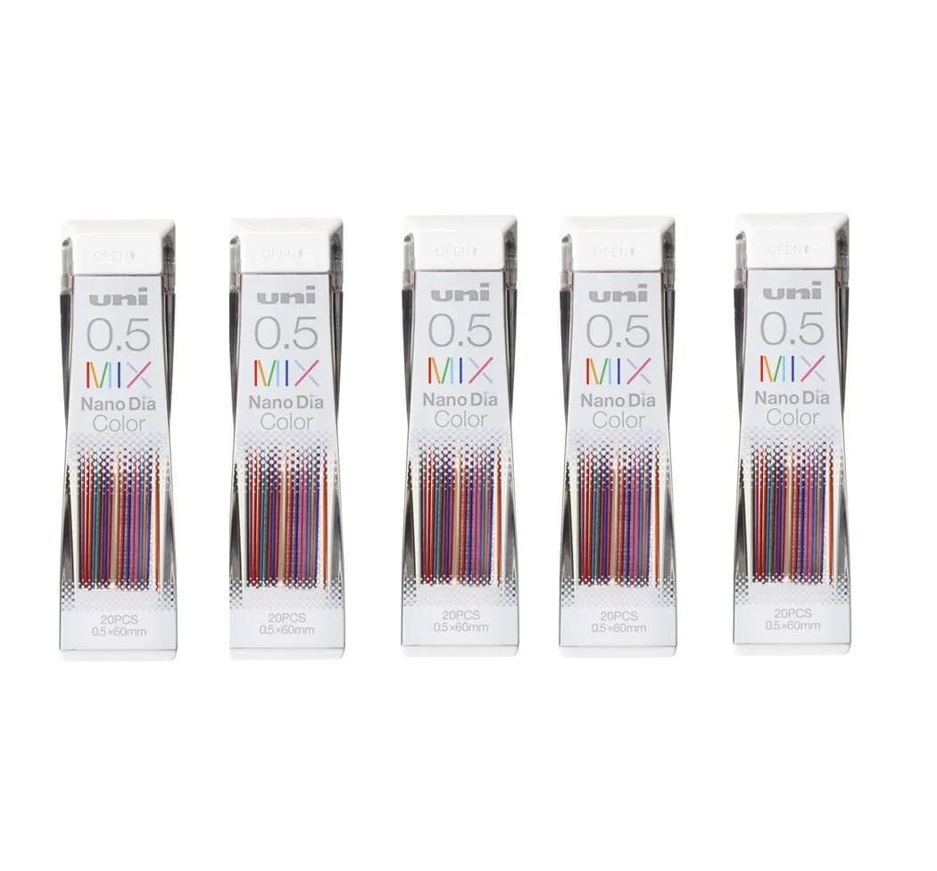 uni NanoDia Color Mechanical Pencil Leads 0.5mm 7 Color MIX, 100 Leads (20 Count x 5 Packs) | Smooth Writing Instrument — Red, Pink, Orange, Green, Mint Blue, Blue, Lavender