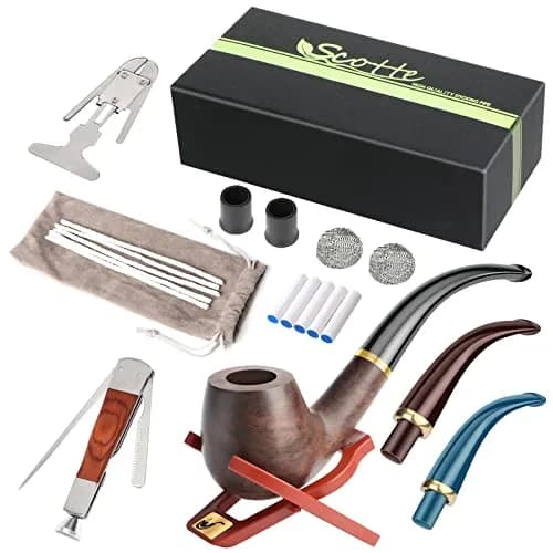 Scotte Handmade Wood Pipe Kit 20 Piece Set | Detachable Pipe with Accessories, Black & Pear Wood, Billiard Shape thumbnail 1