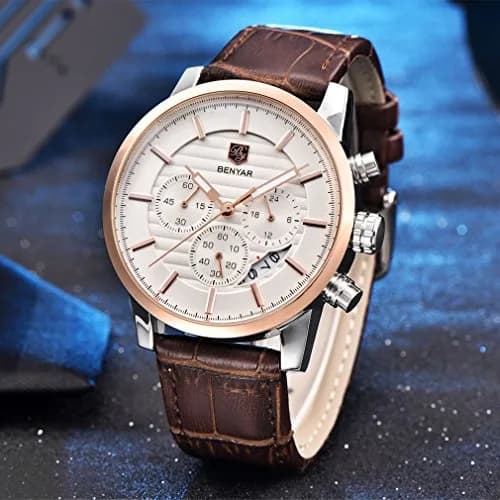 BY BENYAR Chronograph Watch for Men 43mm (1.69") Rose Gold White Dial Brown Leather | Precise Timekeeping thumbnail 4