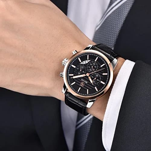 BY BENYAR Chronograph Watch for Men 43mm (1.69") Rose Gold White Dial Brown Leather | Precise Timekeeping thumbnail 6