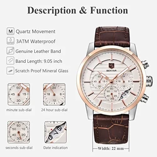 BY BENYAR Chronograph Watch for Men 43mm (1.69") Rose Gold White Dial Brown Leather | Precise Timekeeping thumbnail 2