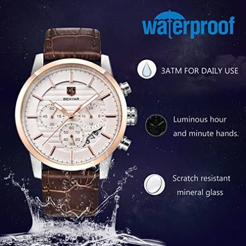 BY BENYAR Chronograph Watch for Men 43mm (1.69") Rose Gold White Dial Brown Leather | Precise Timekeeping thumbnail 3