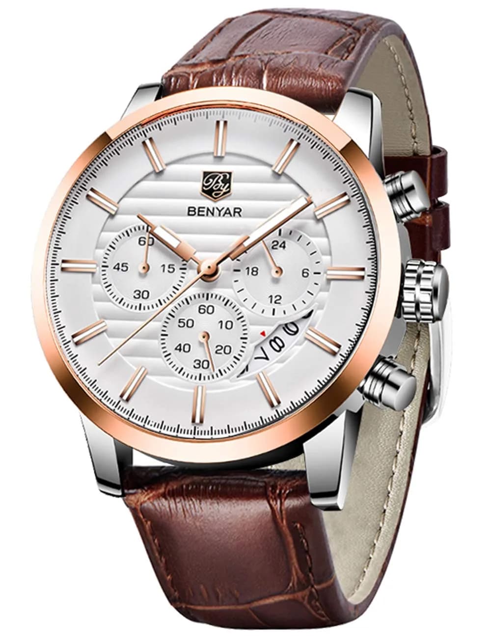 BY BENYAR Chronograph Watch for Men 43mm (1.69") Rose Gold White Dial Brown Leather | Precise Timekeeping - main product image