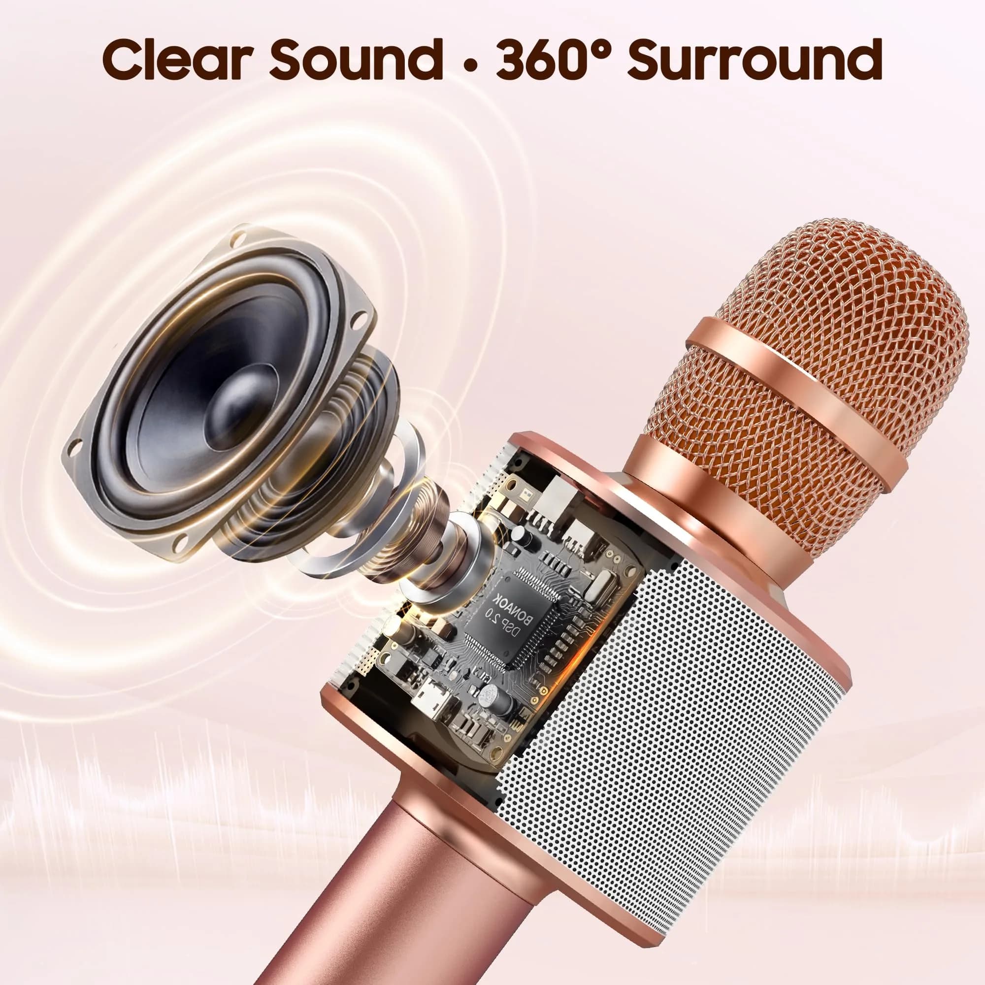 BONAOK Q37 Wireless Bluetooth Karaoke Microphone - Rose Gold | Portable Handheld Mic Speaker for Parties - view 2