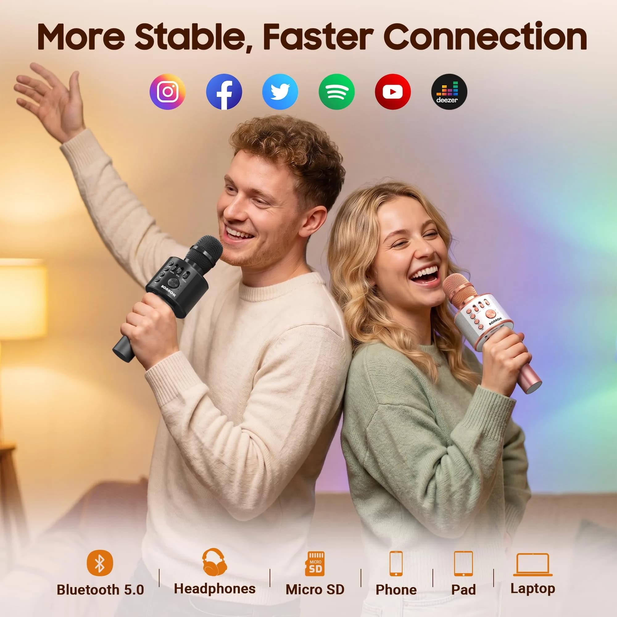 BONAOK Q37 Wireless Bluetooth Karaoke Microphone - Rose Gold | Portable Handheld Mic Speaker for Parties - view 3