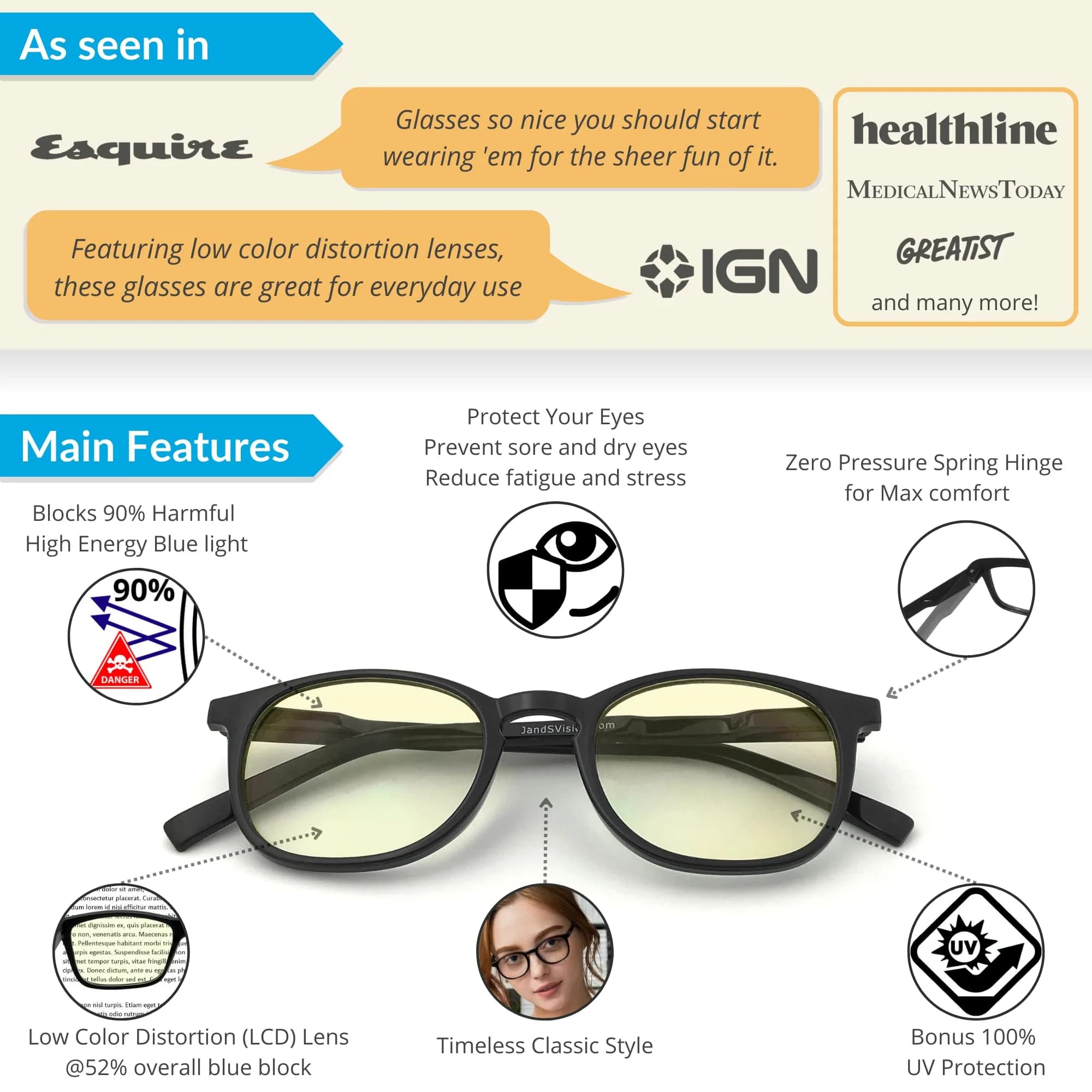 J+S Blue Light Blocking Glasses Hua Oval Black Frame 48mm (1.89in) | Blocks Harmful Blue Light - view 2