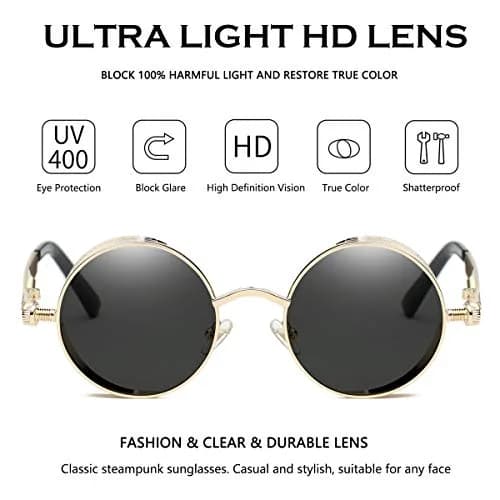Dollger Men's Retro Round Sunglasses Vintage Steampunk Gold Metal Frame Shades 51mm (2" Lens Width) thumbnail 4