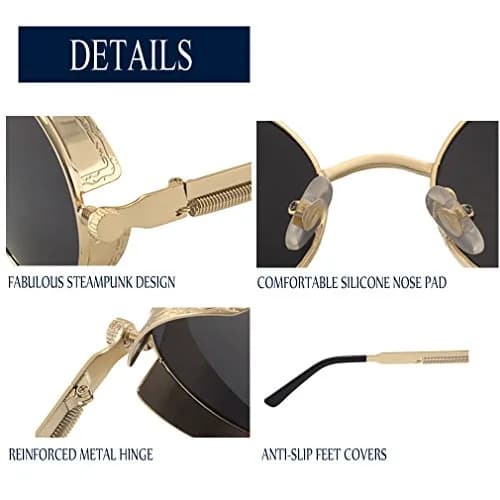 Dollger Men's Retro Round Sunglasses Vintage Steampunk Gold Metal Frame Shades 51mm (2" Lens Width) thumbnail 6