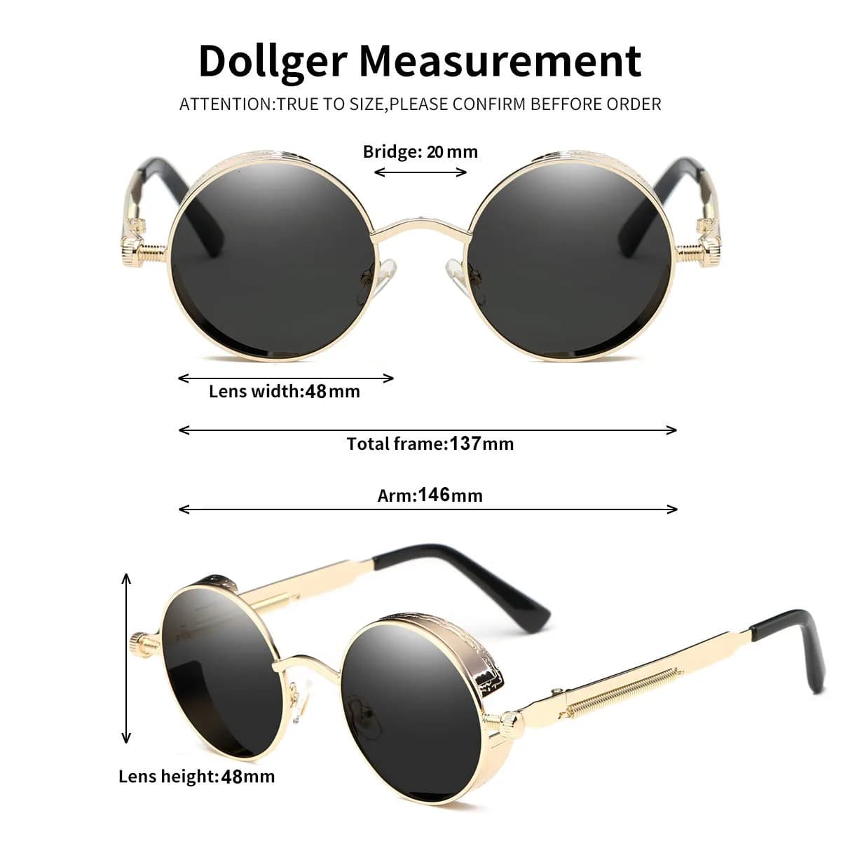 Dollger Men's Retro Round Sunglasses Vintage Steampunk Gold Metal Frame Shades 51mm (2" Lens Width) - view 3