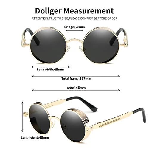 Dollger Men's Retro Round Sunglasses Vintage Steampunk Gold Metal Frame Shades 51mm (2" Lens Width) thumbnail 3