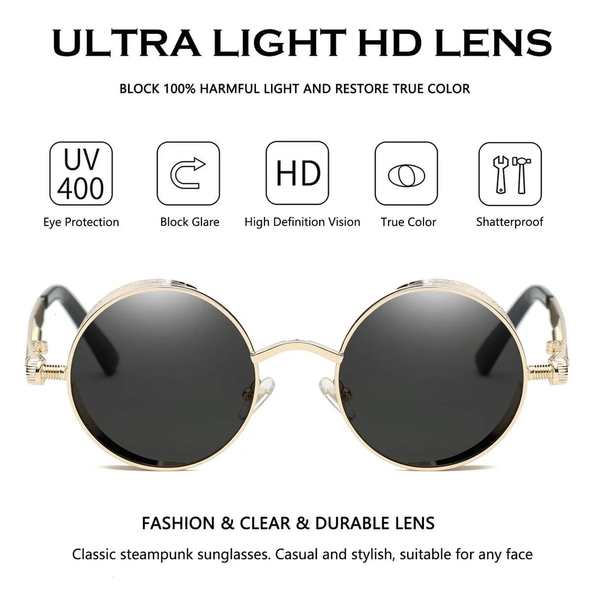 Dollger Men's Retro Round Sunglasses Vintage Steampunk Gold Metal Frame Shades 51mm (2" Lens Width) - view 4