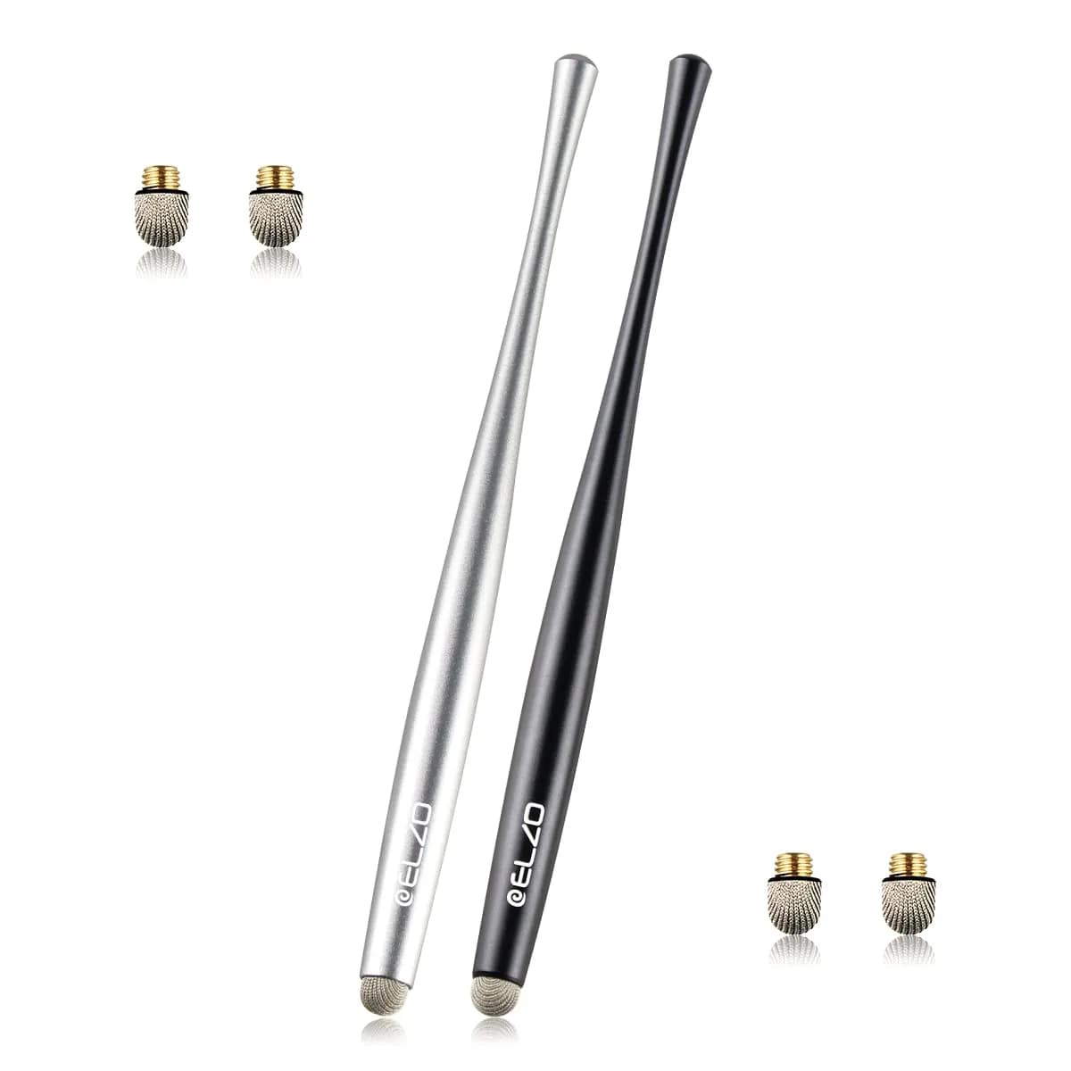 ELZO Stylus Pen Combo 2 Pack | Universal Capacitive Touch Screen with 4 Fiber Tips for Tablets & Phones — Black&Silver