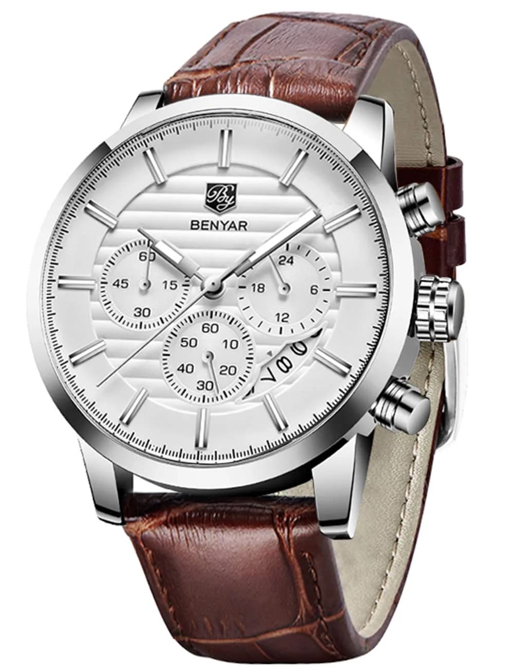 BY BENYAR Men's Analog Quartz Chronograph Watch 44mm (1.73 inch) | Water Resistant with Luminous Dial — Leather White Silver