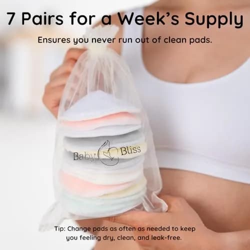 BABY BLISS Organic Nursing Pads Washable Bamboo Viscose Breastfeeding Pads 14 Count (Pastel Touch, 3.9") | Triple-Layer Leak Protection thumbnail 6