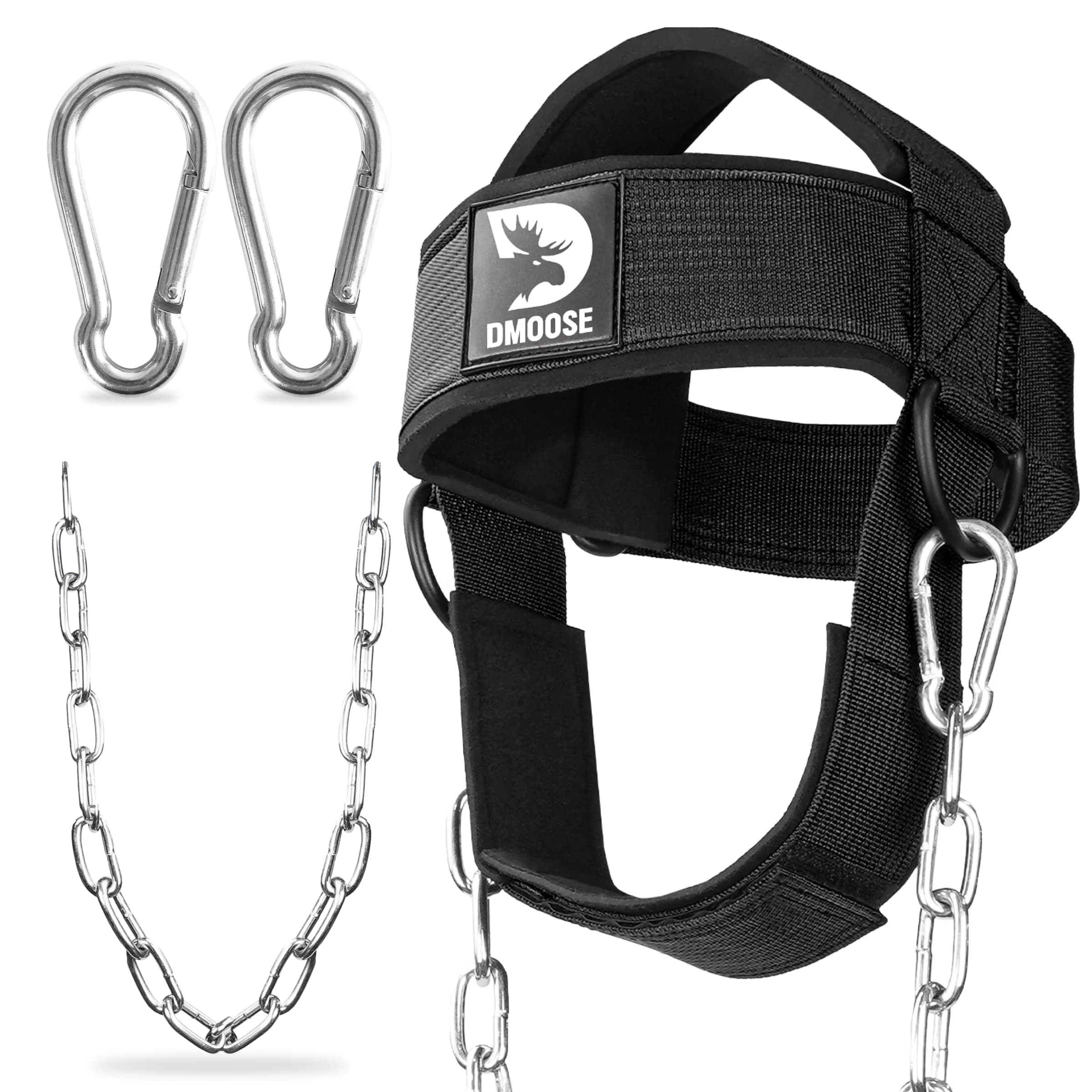 DMoose Fitness Black Neck Harness with 30" Steel Chain | Neck Exerciser for Weight Lifting & Injury Support