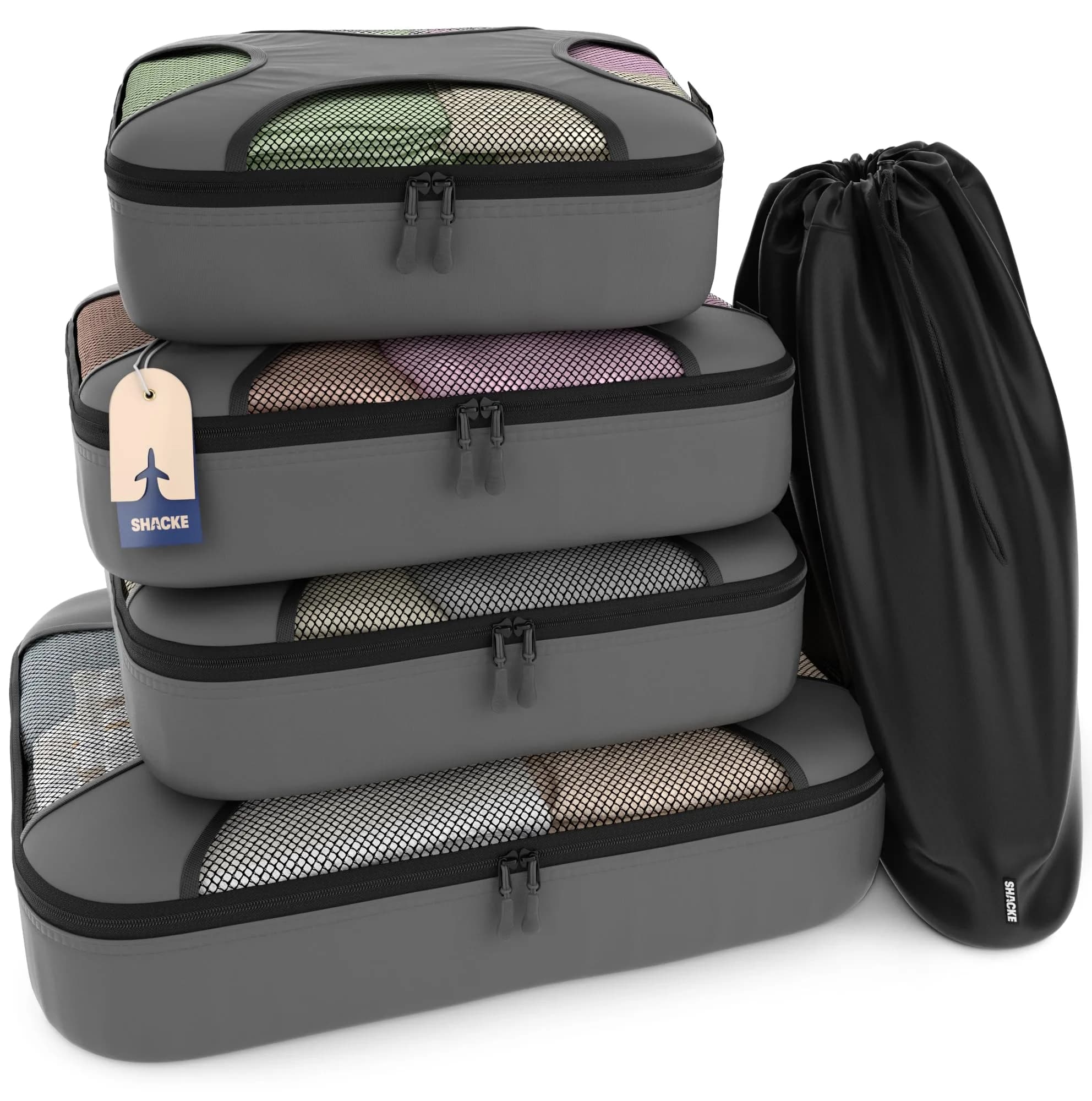 Shacke 5-Piece Packing Cubes with Laundry Bag - Dark Grey Luggage Organizers - main product image
