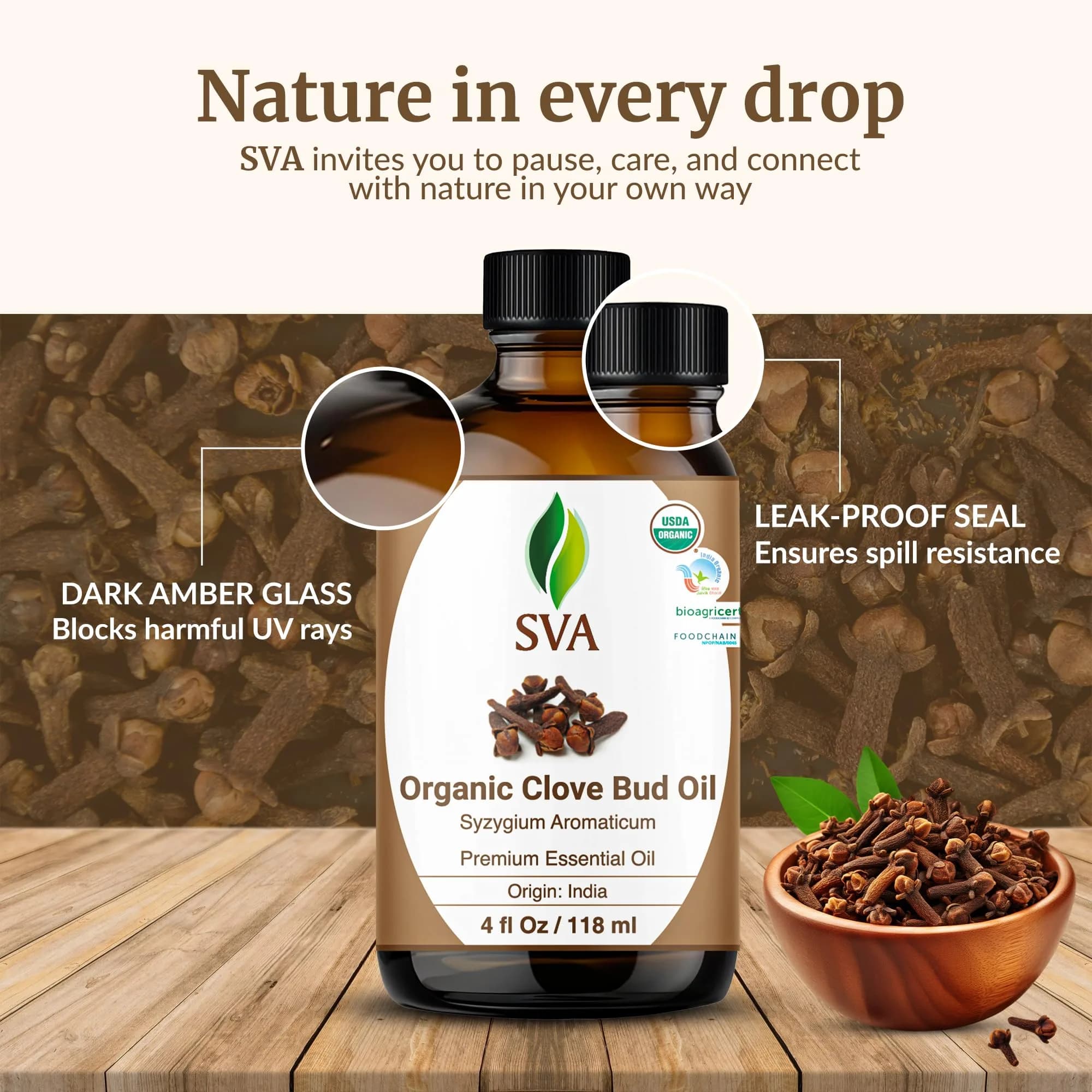 SVA ORGANICS Organic Clove Essential Oil 118 ml (4 Fl Oz) | Warm Spicy Aroma for Diffuser & Dental Care - view 7