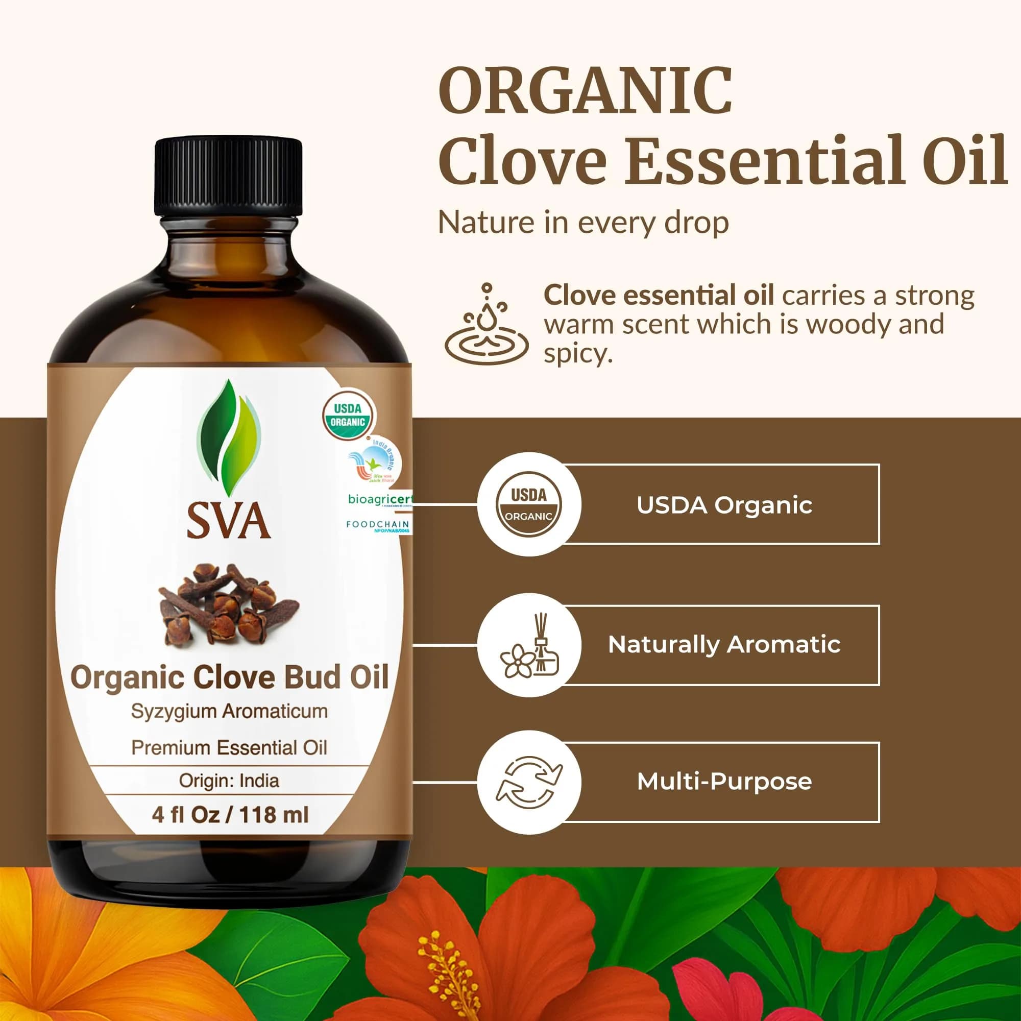 SVA ORGANICS Organic Clove Essential Oil 118 ml (4 Fl Oz) | Warm Spicy Aroma for Diffuser & Dental Care - view 2