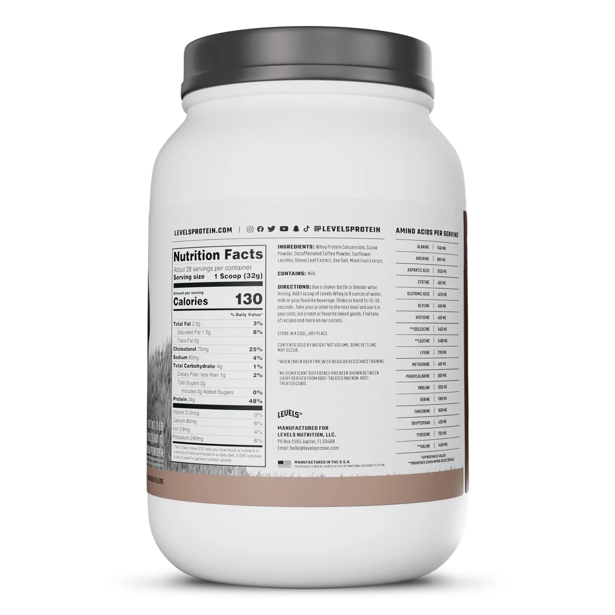 Levels Nutrition Chocolate Mocha Whey Protein Powder 907g (2lb) | Grass-Fed Dairy, 24g Protein Per Scoop - view 8