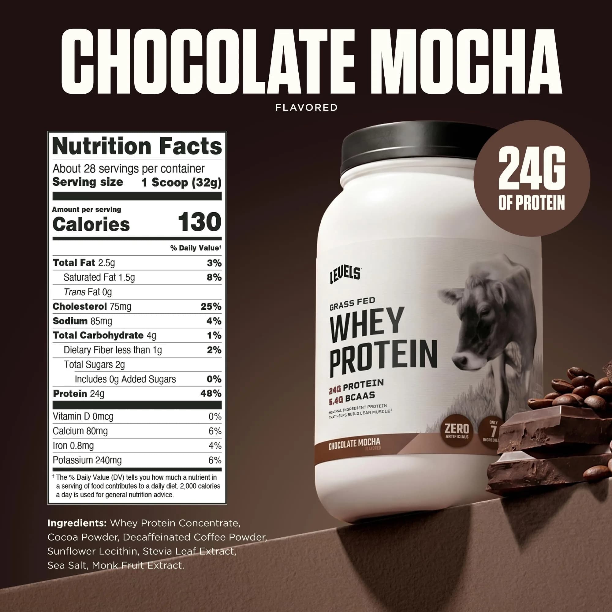 Levels Nutrition Chocolate Mocha Whey Protein Powder 907g (2lb) | Grass-Fed Dairy, 24g Protein Per Scoop - view 3