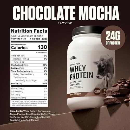 Levels Nutrition Chocolate Mocha Whey Protein Powder 907g (2lb) | Grass-Fed Dairy, 24g Protein Per Scoop thumbnail 3