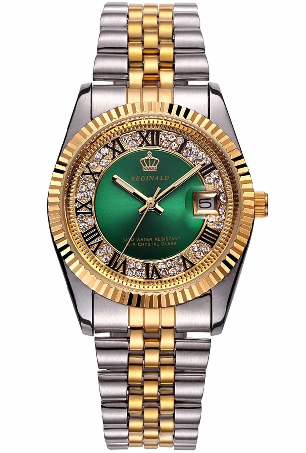 CARLIEN Silver & Gold Stainless Steel Strap Waterproof Quartz Women's Watch (Green) | Classic Calendar — green