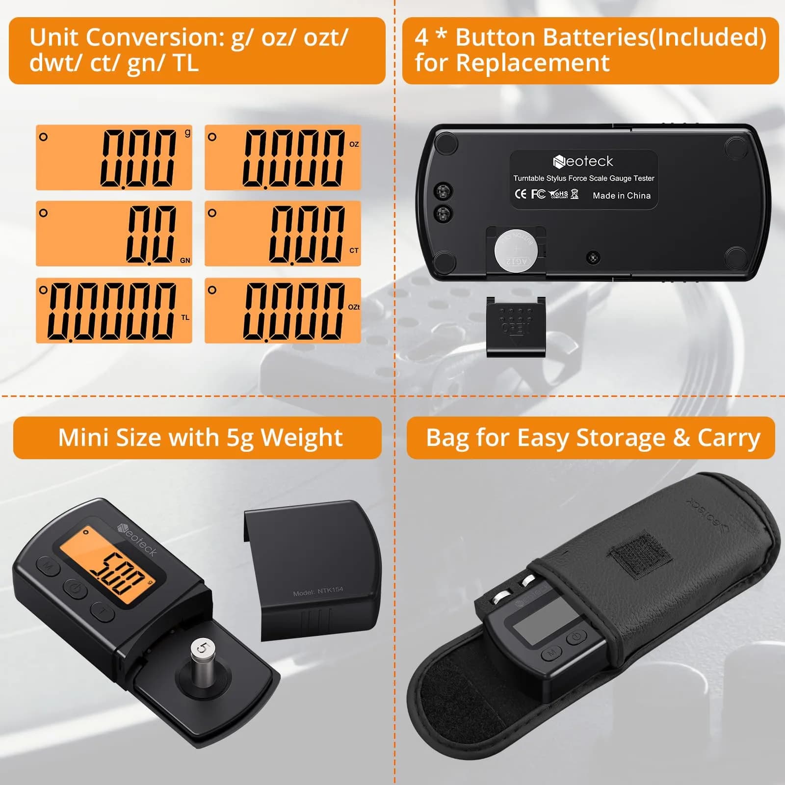 Neoteck Digital Turntable Stylus Force Gauge 0.01g/5.00g with Orange LCD | Essential Tool for Vinyl Enthusiasts - view 4