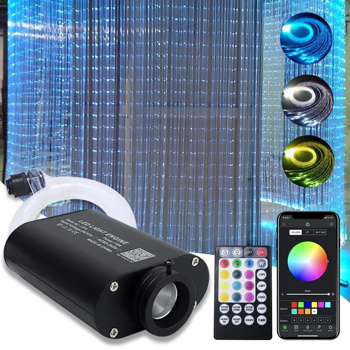 AMKI 16W Bluetooth Fiber Optic Curtain Light Kit 3m (9.8ft) 300pcs | RGBW Waterfall Effect Music Mode App/Remote Control