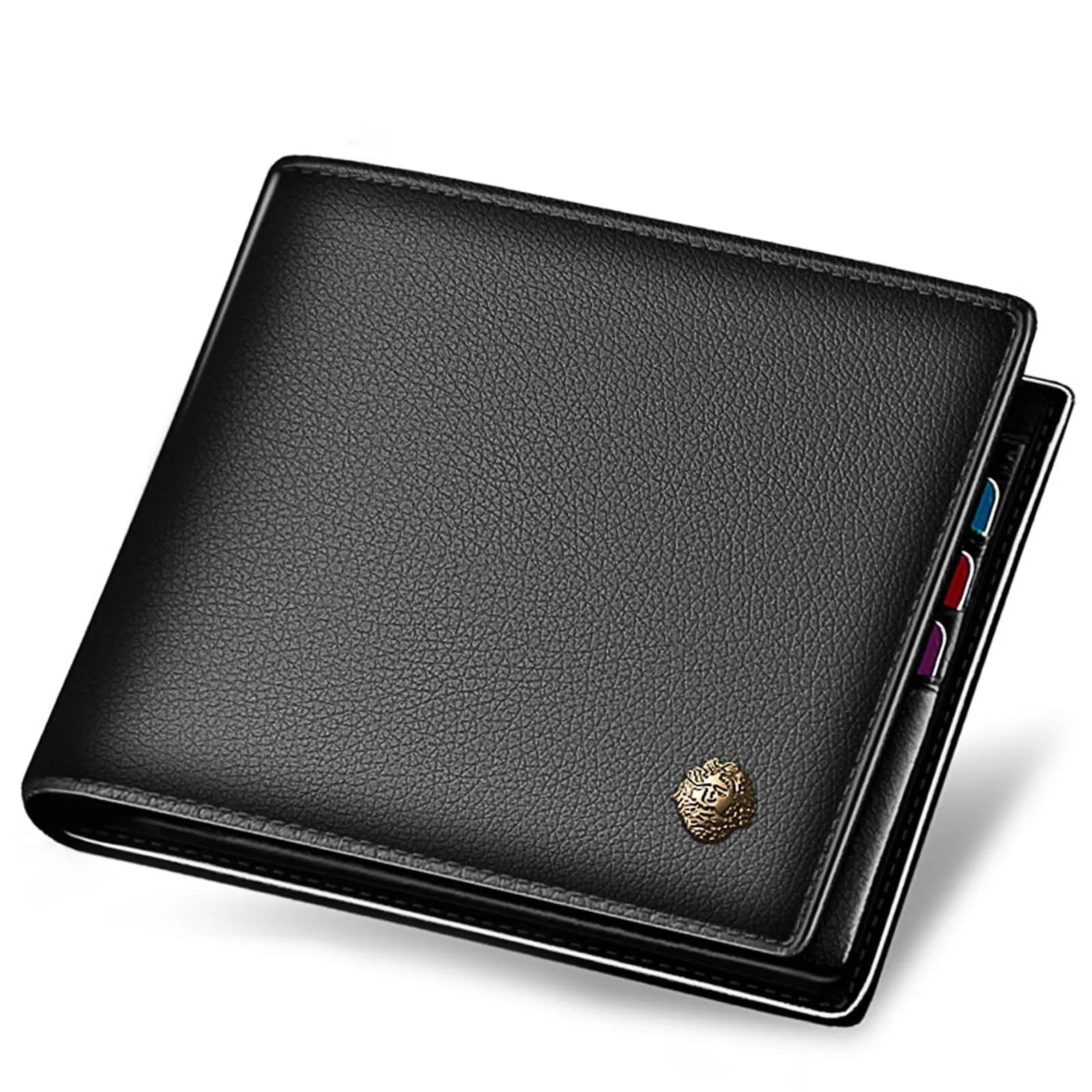 LAORENTOU Men's Genuine Leather Bifold Wallet - Jet Black, with Zipper Coin Pocket & ID Window - main product image