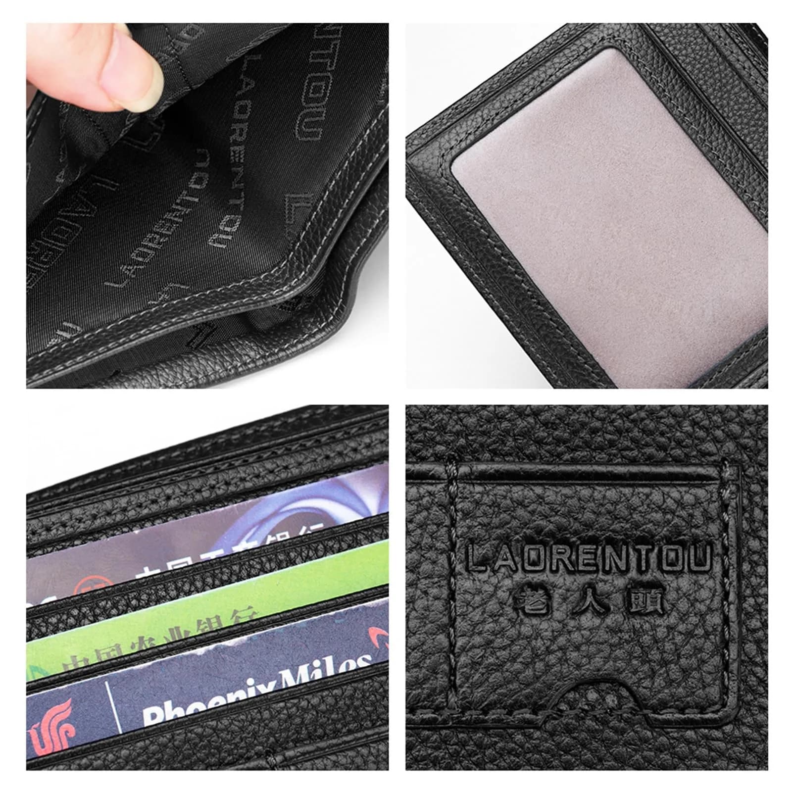 LAORENTOU Men's Genuine Leather Bifold Wallet - Jet Black, with Zipper Coin Pocket & ID Window - view 3