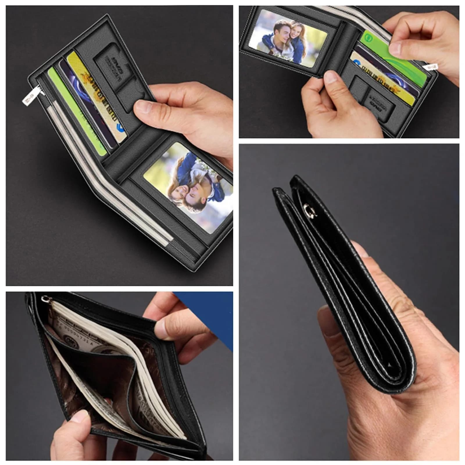 LAORENTOU Men's Genuine Leather Bifold Wallet - Jet Black, with Zipper Coin Pocket & ID Window - view 4
