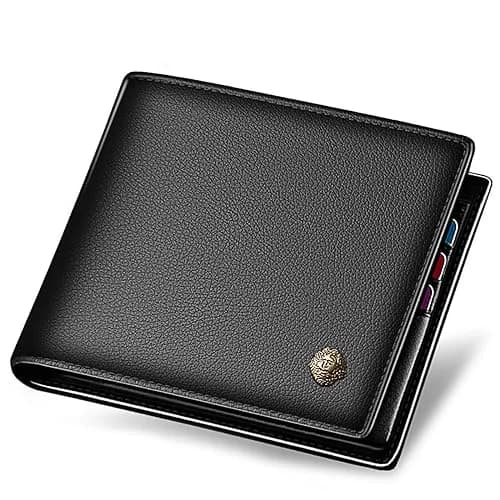 LAORENTOU Men's Genuine Leather Bifold Wallet with Zipper Coin Pocket & ID Window | Brown, 11cm x 9.5cm x 1cm (4.33" x 3.74" x 0.39") — Jet Black