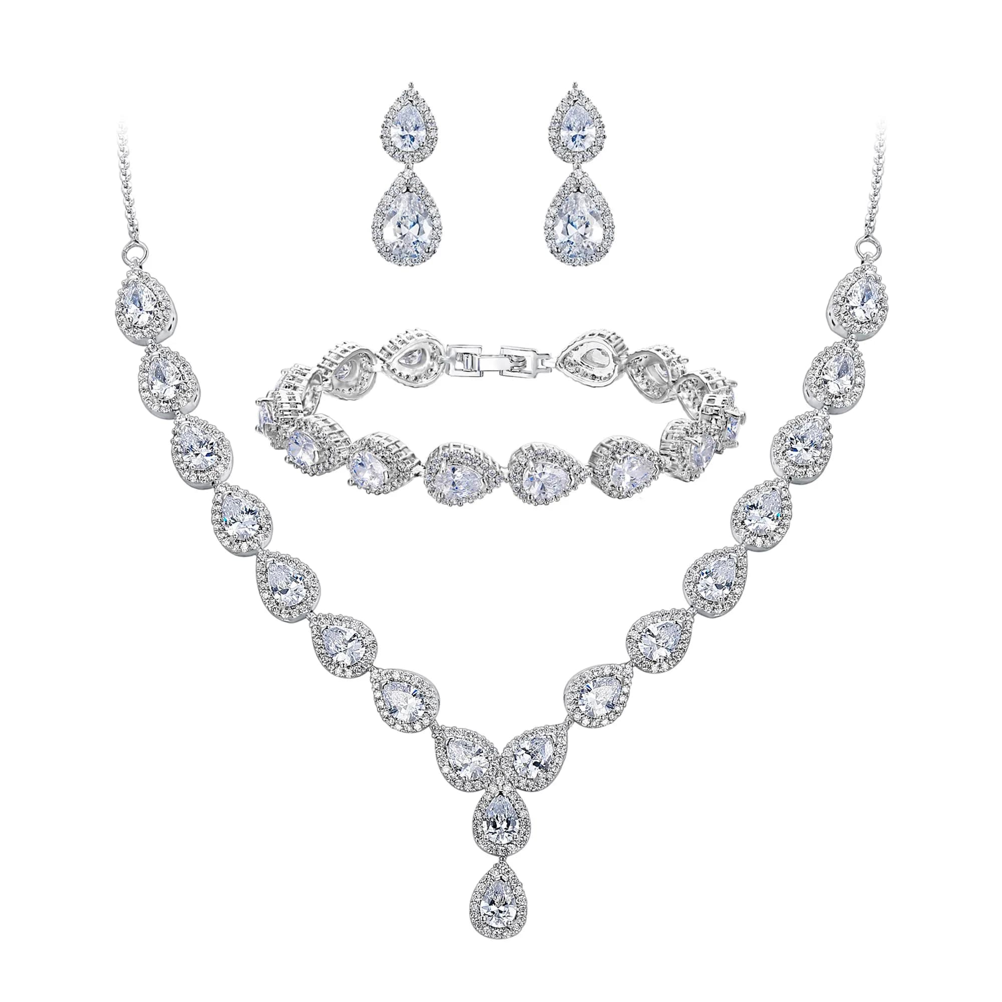 BriLove Wedding CZ Necklace Bracelet Earrings Jewelry for Women Sapphire | Elegant Bridal Jewelry Set — Clear