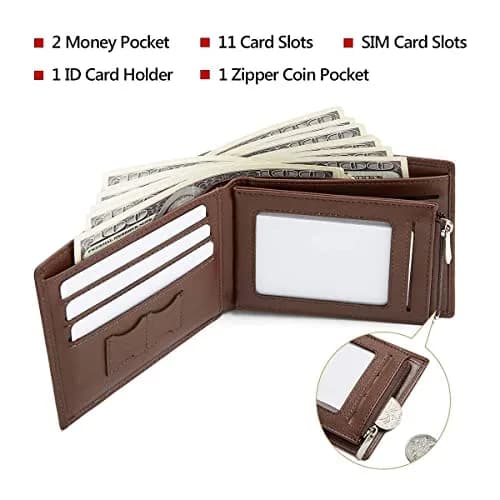 LAORENTOU Genuine Leather Bifold Wallet with Zipper Pocket & ID Window | 11cm (4.33") x 9.5cm (3.74") thumbnail 4