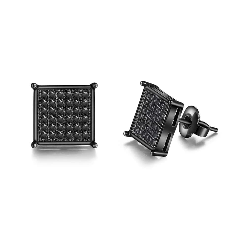 Tarsus 9.5mm Mens Square Earrings Black Diamond Crystal | Big Stainless Steel Stud for Men & Women