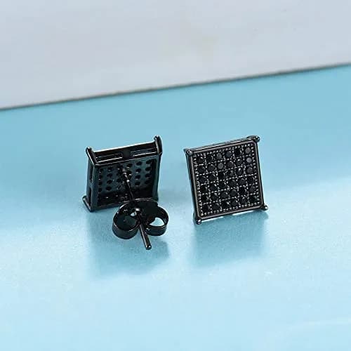 Tarsus 9.5mm Mens Square Earrings Black Diamond Crystal | Big Stainless Steel Stud for Men & Women thumbnail 2