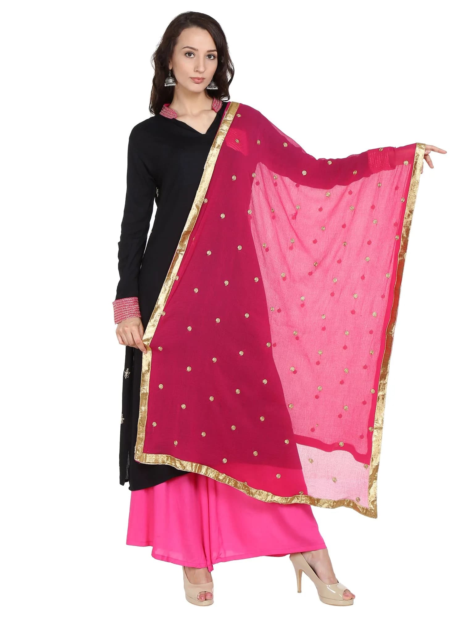 DUPATTA BAZAAR Women's Embroidered Pink & Gold Chiffon Dupatta 235 cm (92 in) | Soft Flowy Fabric for Cultural Meets — Pink