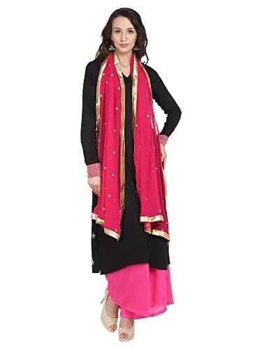DUPATTA BAZAAR Women's Embroidered Pink & Gold Chiffon Dupatta 235 cm (92 in) | Soft Flowy Fabric for Cultural Meets thumbnail 4