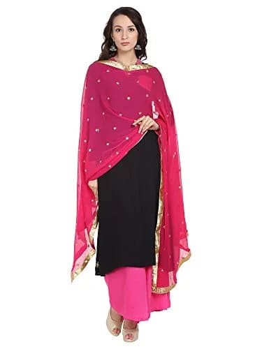 DUPATTA BAZAAR Women's Embroidered Pink & Gold Chiffon Dupatta 235 cm (92 in) | Soft Flowy Fabric for Cultural Meets thumbnail 2