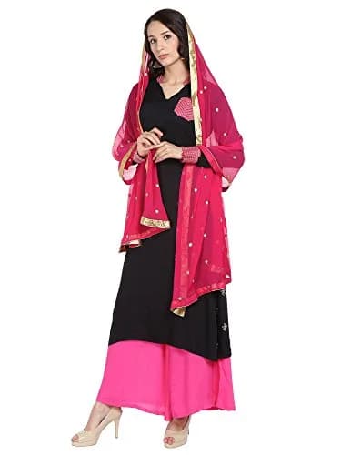 DUPATTA BAZAAR Women's Embroidered Pink & Gold Chiffon Dupatta 235 cm (92 in) | Soft Flowy Fabric for Cultural Meets thumbnail 3